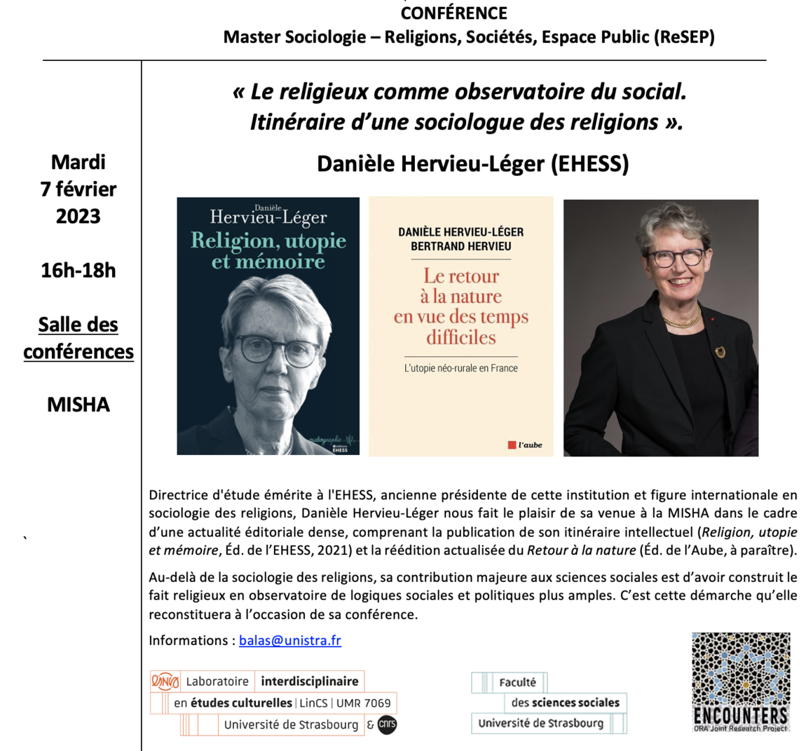 Affiche conférence de Danièle Hervieu-Léger "Le religieux comme observatoire du social. Itinéraire d'une sociologue des religions"