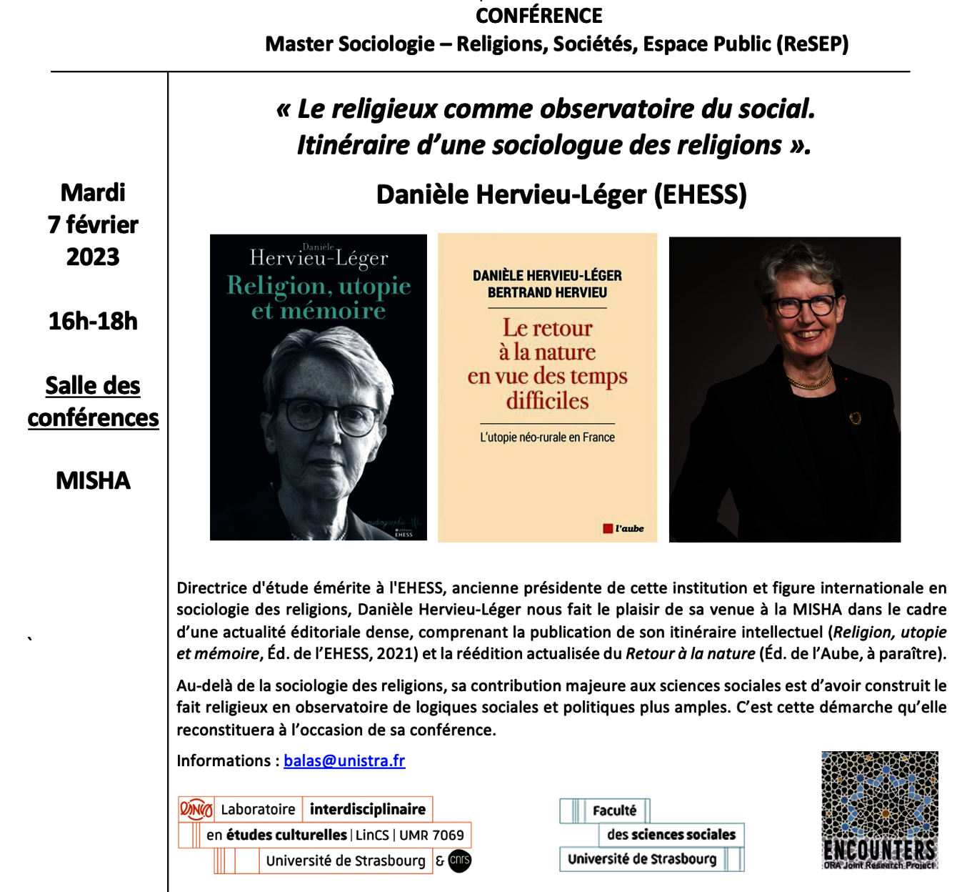 Affiche conférence de Danièle Hervieu-Léger "Le religieux comme observatoire du social. Itinéraire d'une sociologue des religions"